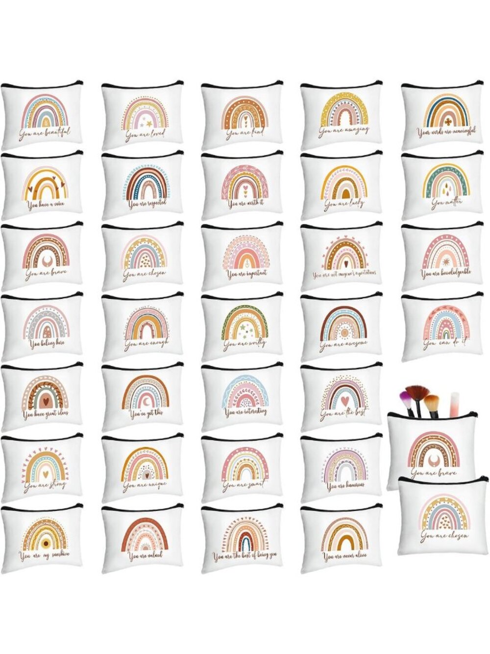 32 Pcs Boho Rainbow Makeup Bags - Inspirational Zipper Cosmetic Bags for Travel